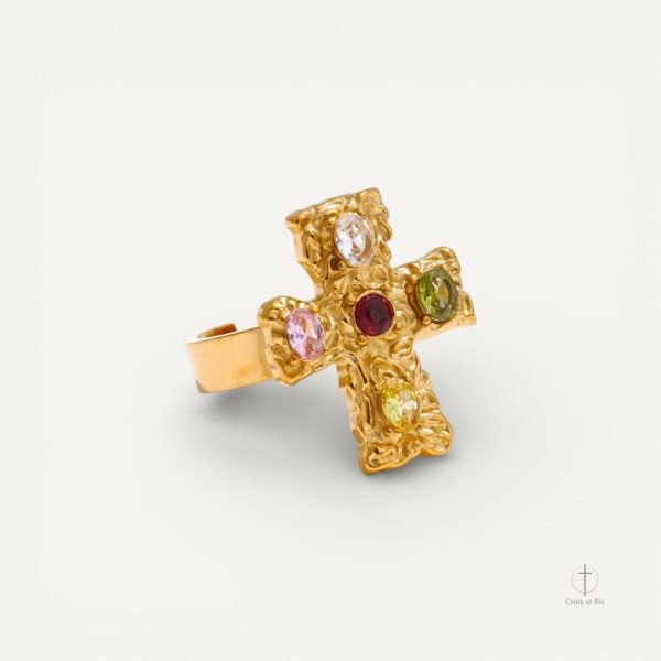 bague-croix-doree-pierres-multicolores-1 Bague Croix Dorée avec Pierres Multicolores