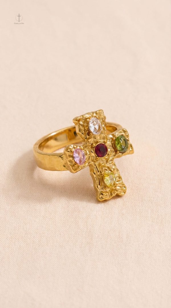 Bague tendance croix avec pierres précieuses multicolores