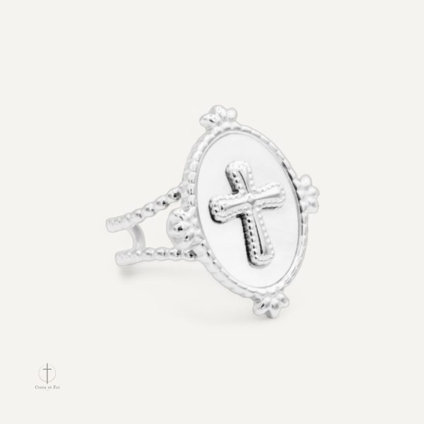 Bague Croix délicate en nacre blanche