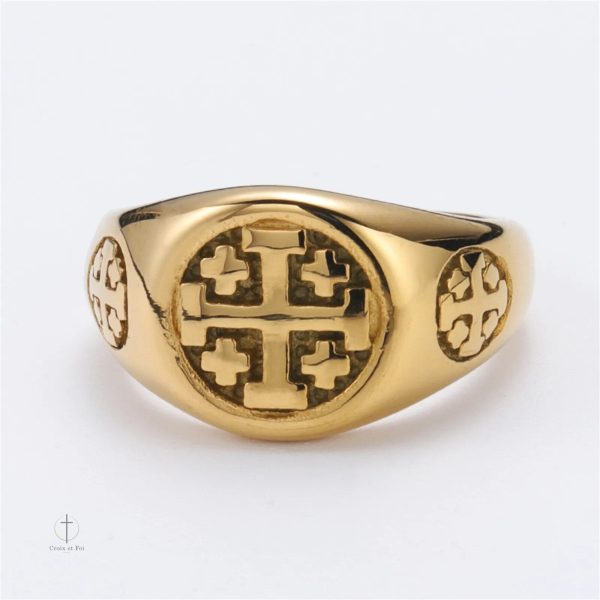 Bijou Bague Croix Jérusalem, finition dorée