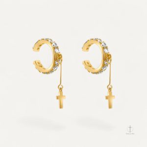 Boucles créoles pendantes avec croix et pierres