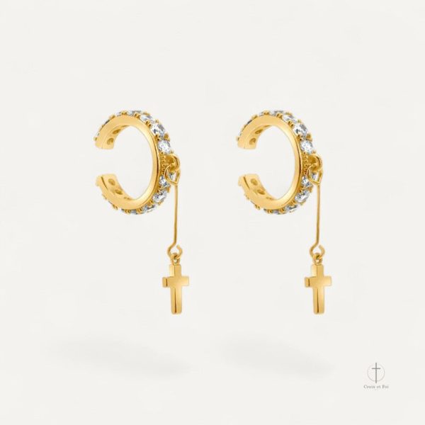 Boucles créoles pendantes avec croix et pierres