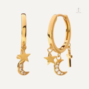 Boucles d'oreilles créoles croix avec motifs lune et étoile
