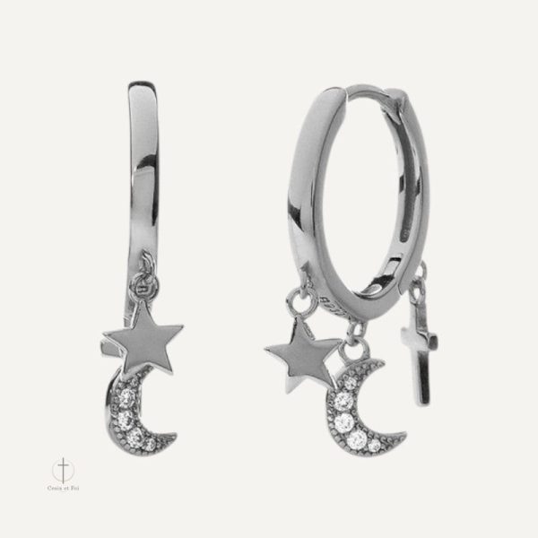 Boucles d'oreilles design croix lune étoile, élégance moderne