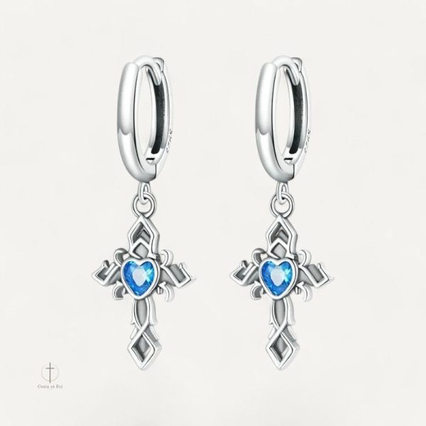 Boucles d'oreilles croix avec diamants bleus