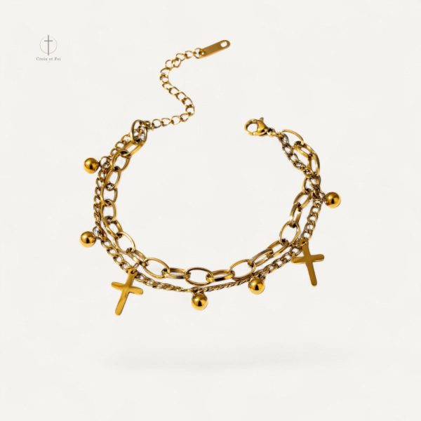 Bracelet Croix Doré Multi-Rangs élégant et raffiné