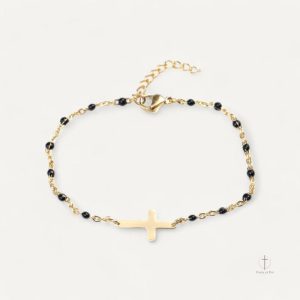 Bracelet croix en métal doré avec perles colorées
