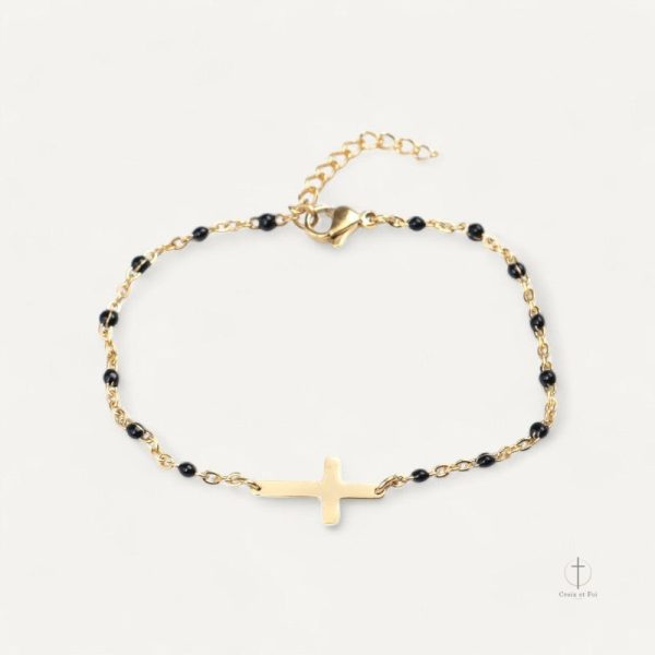 Bracelet croix en métal doré avec perles colorées