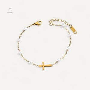 Bracelet Croix Dorée avec Perles Élégantes