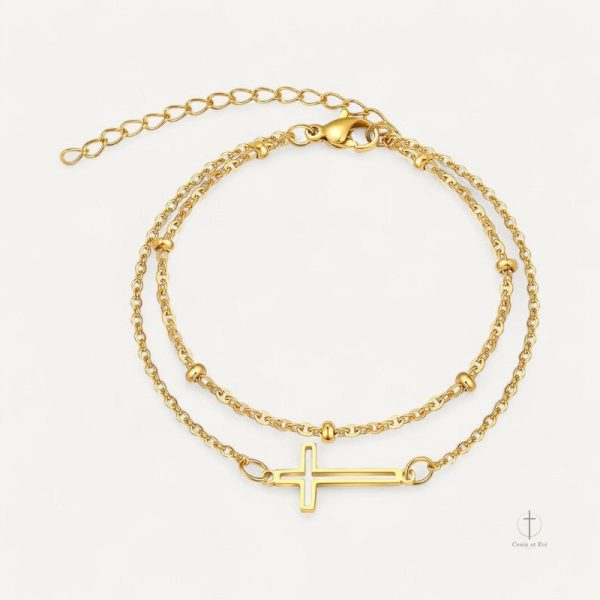 Bracelet Croix Double Chaîne en acier inoxydable