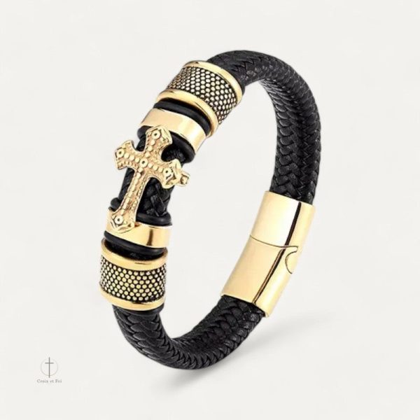 Bracelet Croix Doré pour Homme en Cuir