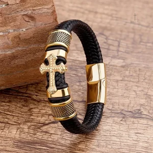 Bracelet en cuir avec croix dorée pour homme