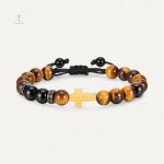 Bracelet Oeil de Tigre avec Croix Dorée élégante