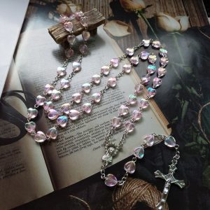 Accessoire spirituel : chapelet cœur en perles roses