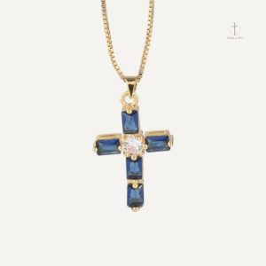Collier Croix Bleu Nuit élégant en métal et pierre