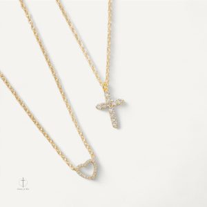 Collier Croix & Cœur Dorés avec Cristaux scintillants