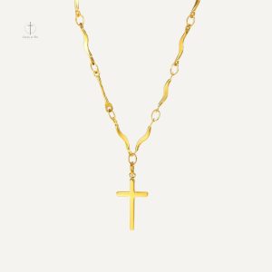 Collier Croix Doré à Maillons Ondulés