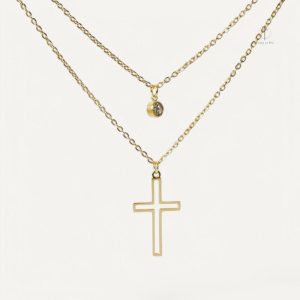 Collier Croix Double avec Pierre élégante