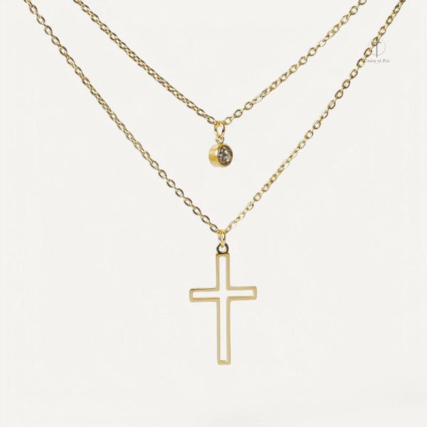 Collier Croix Double avec Pierre élégante