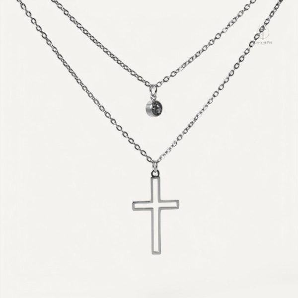 Bijou croix double, style contemporain avec pierre
