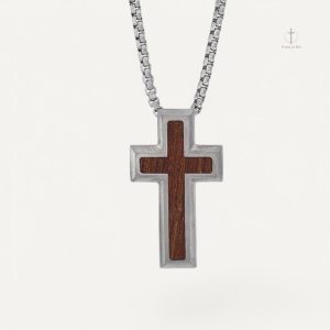 Collier Croix en Acier et Bois pour Homme
