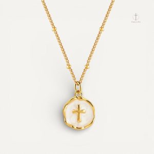 Collier Croix Émail Blanc Médaille Ronde