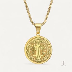Collier Croix Médaille Saint Benoît en métal argenté