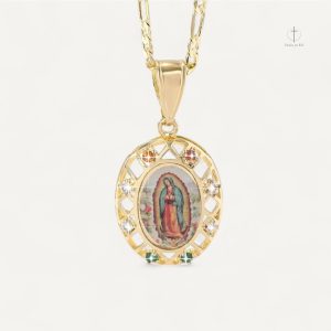 Collier Croix Vierge Marie doré avec image sacrée