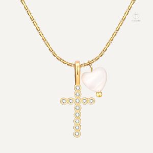 Collier Croix Zircon et Cœur Nacre