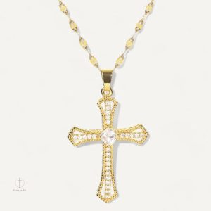 Collier Croix Doré avec Cristaux de Zirconium