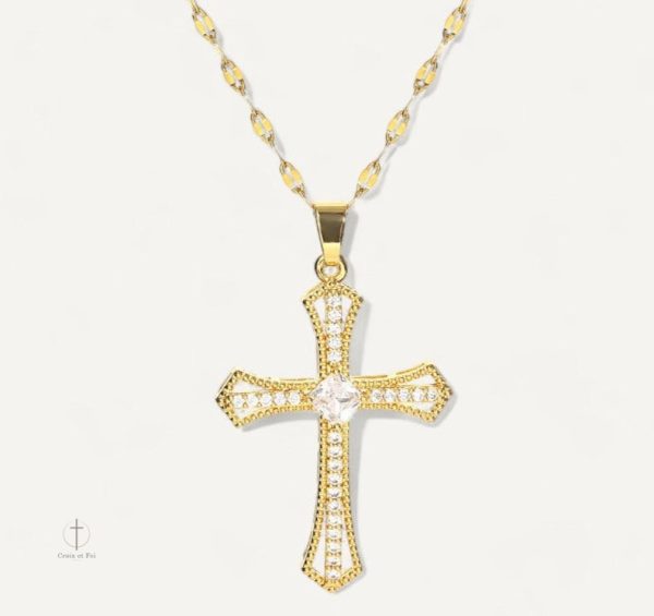Collier Croix Doré avec Cristaux de Zirconium