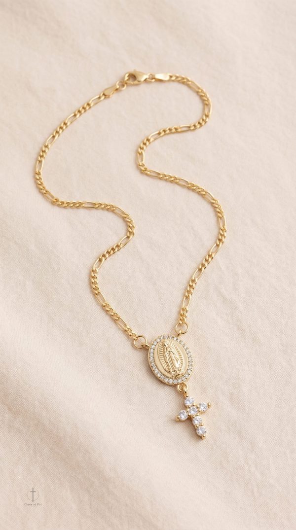 Accessoire religieux, collier Vierge et croix