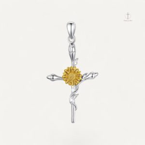 Pendentif Croix Tournesol en argent, design floral élégant