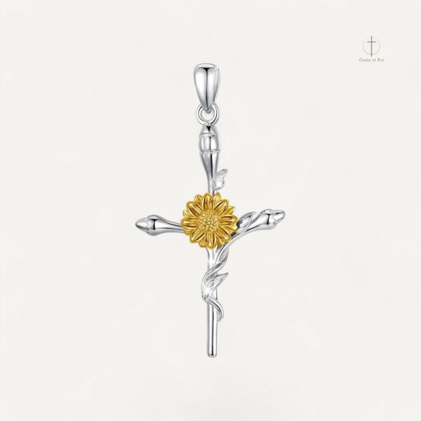 Pendentif Croix Tournesol en argent, design floral élégant